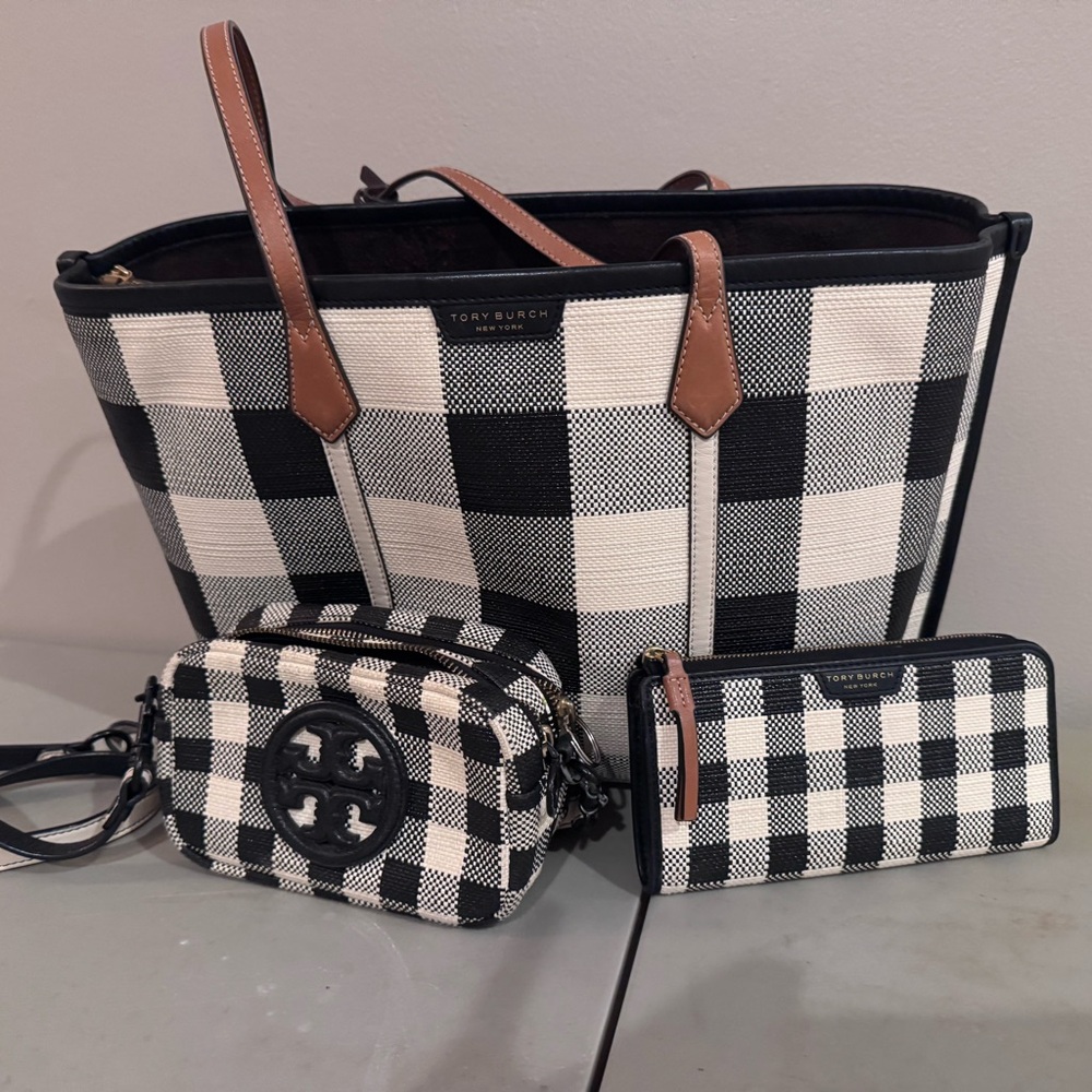 Tory Burch Black and Cream Checkered Tote Set